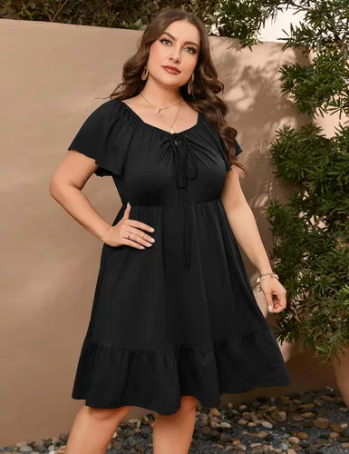 Miniatura 4 de ShopWonder Vestidos hawaianos de talla grande para mujer, vestido de cuello cuadrado, manga corta, casual, acampanado, vestido de verano