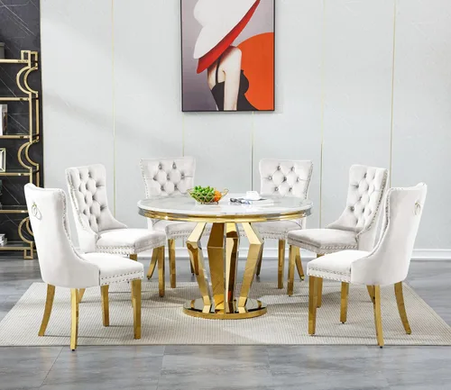 Miniatura 2 de Henf Juego de mesa de comedor redonda de mármol para 6, moderna mesa de comedor de 45 pulgadas con base de acero inoxidable con diseño de diamante