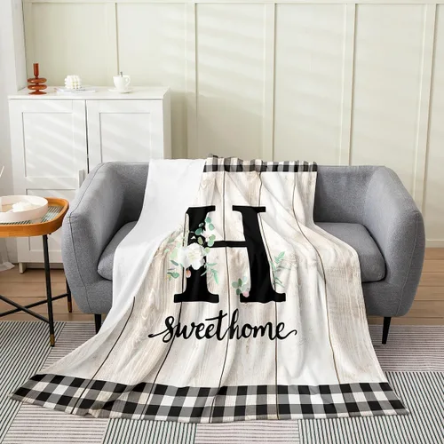 Miniatura 29 de Erosebridal Flower Initial S Flannel Blanket White Floral Flowers Fleece Blanket,40"X50",Personalized Letters Fuzzy Plush Throw for Sofa Beige Negro