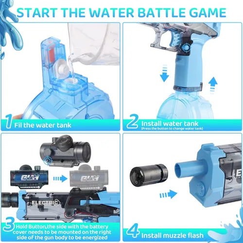 Miniatura 3 de Lanzador de agua eléctrico con boquilla de llama LED, tanque de gran capacidad de 16.9 fl oz, rango de disparo de 32 pies, juguete de batalla al Azul