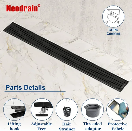 Miniatura 5 de Neodrain Drenaje de ducha lineal negro de 28 pulgadas con rejilla extraíble de patrón Quadrato, fabricante profesional de drenaje de piso de ducha