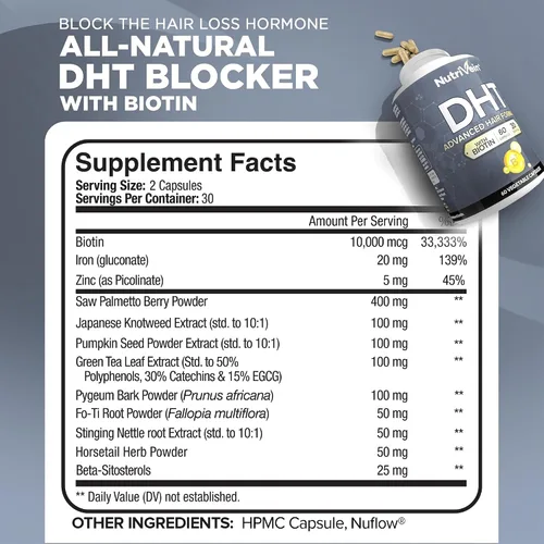 Miniatura 2 de Nutrivein Bloqueador DHT prémium para hombres y mujeres, con biotina, suministro para 30 días (60 cápsulas): suplementos para el cabello