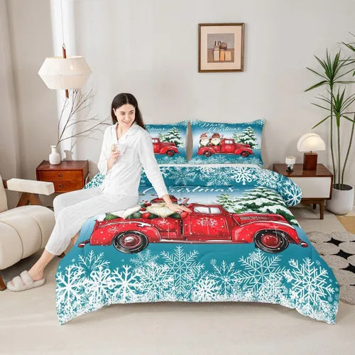 Miniatura 17 de Juego de edredón de Feliz Navidad para niños, tamaño twin, juego de ropa de cama de camión rojo árboles de pino copos de nieve, decoración