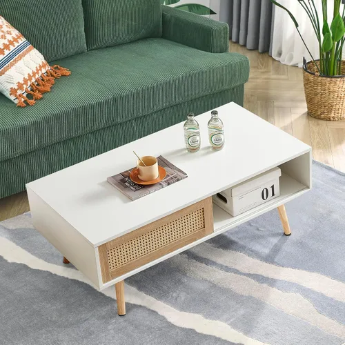 Miniatura 8 de Mesa de centro de ratán, mesa de centro moderna de mediados de siglo de 40.3 pulgadas con almacenamiento, mesa rectangular de madera para sofá