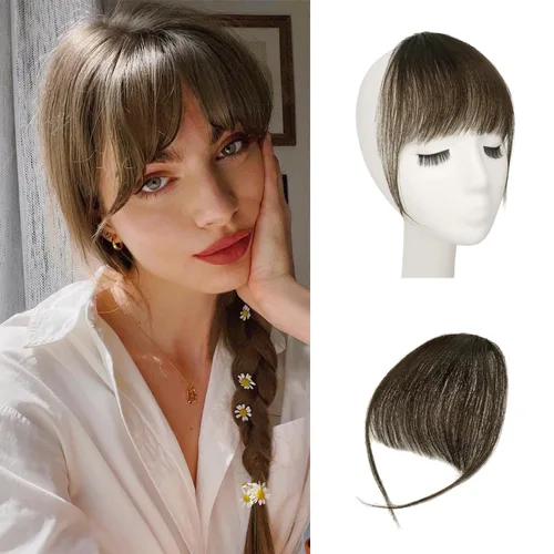 Miniatura 32 de BARSDAR Flequillo postizo de pelo humano real - Flequillo postizo 100% pelo humano para mujeres - Extensiones de flequillo ondulado castaño rojizo