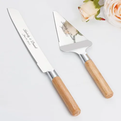 Miniatura 7 de Juego de corte de pasteles personalizado para bodas, cuchillos de pastel y servidor, grabado gratis, cortador de pastel de postre de madera Plateado