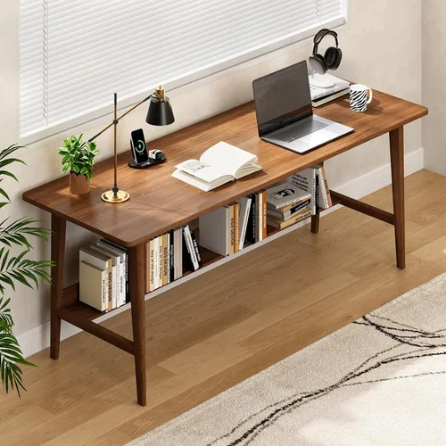 63" Solid Wood Office Desk, Mid-Century Modern Home Office Computer Desk with Storage Shelf, Large 2-Person Writing Study Table Workstation, Walnut