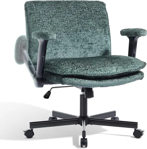 Miniatura 13 de Silla Cruzada con Brazos Abatibles y Ruedas con Bloqueo, Silla de Escritorio de Oficina de Tela de Felpa con Patas Cruzadas, Silla Giratoria de Negro