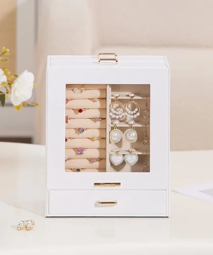 Miniatura 5 de Homde Organizador de joyas para niñas y mujeres, joyero para collares, anillos, aretes, regalo de Navidad, pulseras (blanco + dorado)