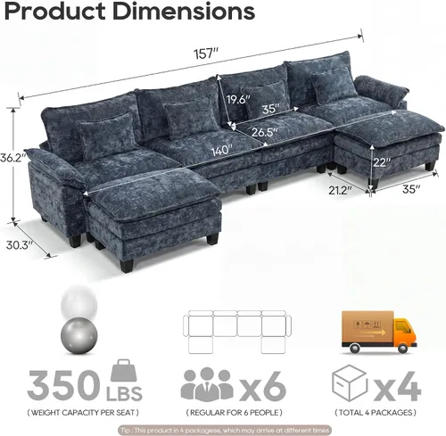 Miniatura 2 de URRED Cloud Couch Sofá Seccional Modular, Sofá Moderno en Forma de U de Asiento Profundo de 157", con 2 Otomanas y Almohadas, Sofás de Chenilla Azul