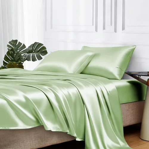 Miniatura 53 de MR&HM Sábanas de satén para cama de tamaño King, juego de 4 piezas de ropa de cama sedosa con bolsillo profundo de 15 pulgadas para colchón