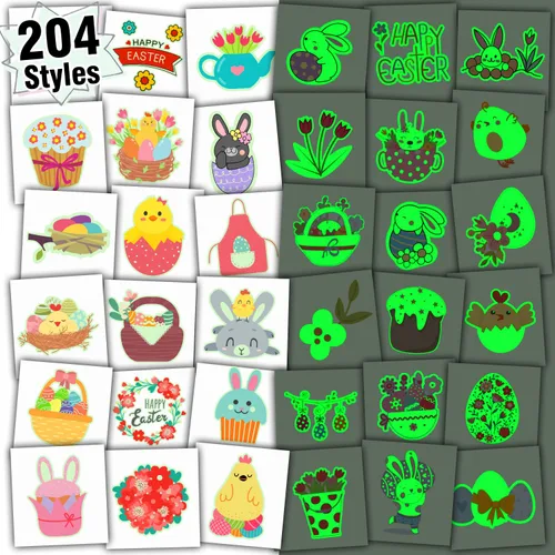 Partywind 204 estilos de tatuajes temporales de Pascua brillantes para rellenar cestas de Pascua, hojas envueltas individualmente, calcomanías de