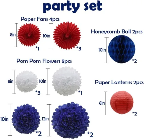 Miniatura 2 de ADLKGG Juego de 16 piezas de decoración de fiesta colgante azul marino, rojo y blanco, pompones de papel de seda, flores, bolas de panal, linternas