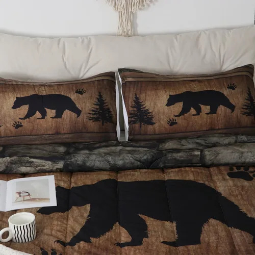 Miniatura 8 de Juego de edredón rústico de oso tamaño completo, juego de ropa de cama de caza de animales salvajes de 3 piezas, edredón de plumón vintage de cabaña