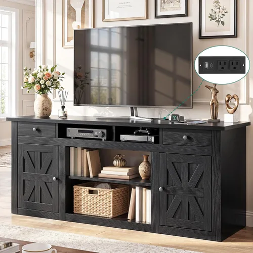 YITAHOME Soporte de TV de granja para TV de 65 pulgadas, centro de entretenimiento con armarios y cajones de almacenamiento, consola de TV para sala