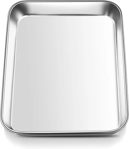 E-far Mini bandeja para horno tostador, bandeja para hornear galletas de acero inoxidable de 9.4 x 7.3 pulgadas, bandeja pequeña de metal no tóxico