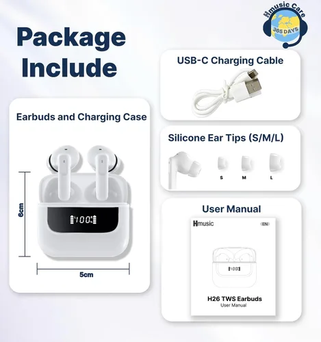 Miniatura 8 de Hmusic Auriculares inalámbricos H26 TWS, 4 micrófonos ENC intrauditivos Bluetooth 5.4, controladores de 0.512 in, pantalla LED de reproducción de 40