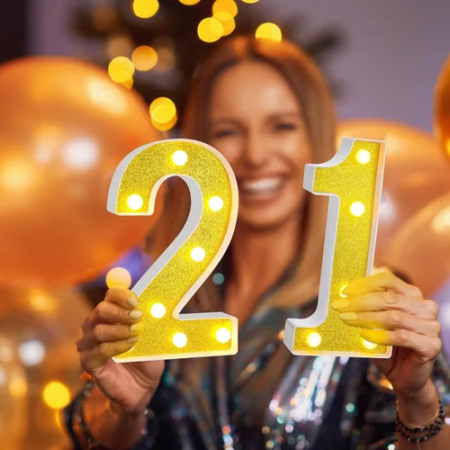 Miniatura 5 de Treela Números LED de 22 cm de cumpleaños decorativos iluminados, letrero de números de marquesina de purpurina para decoraciones de fiesta