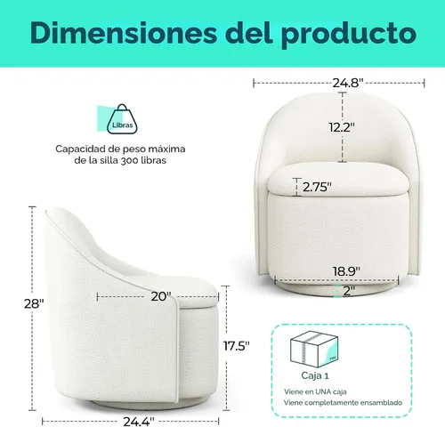 Miniatura 2 de LINSY Silla Giratoria de Acento con Almacenamiento, Cómodas Sillas de Barril de Chenilla, Pequeño Sillón Moderno Giratorio de 360 Grados para Sala
