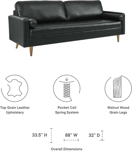 Miniatura 8 de Modway Valour - Sofá de cuero y espuma densa de 88 pulgadas con acabado negro