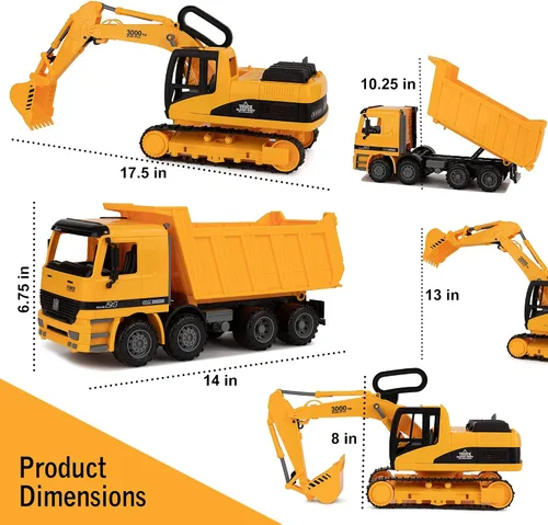 Miniatura 4 de Toy To Enjoy Juguetes de construcción – Excavadora y camión volquete de juguete para niños (juego de 2) – Garra movible y elevación trasera – Camión