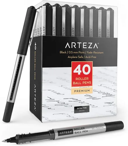 Arteza Bolígrafos Rollerball, paquete de 40, bolígrafos de tinta líquida negra de 0.020 in para diario de viñetas, bolígrafo de punta fina, Negro