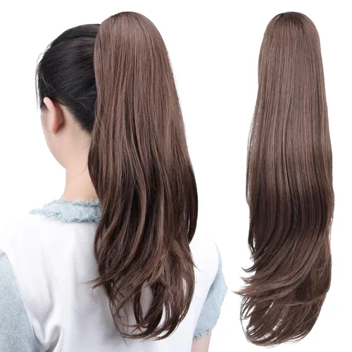 Miniatura 18 de Extensiones de cola de caballo, extensiones de cabello rizado con clip de garra de color marrón oscuro para mujer, peluca sintética de cola