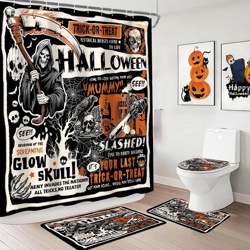 MEHOFOND Juego de 4 cortinas de ducha de fantasma vintage de Halloween, juego de cortinas de baño espeluznantes con cortinas de ducha, alfombra
