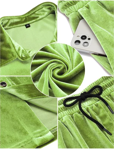 Miniatura 5 de LecGee Conjunto de pantalones cortos casuales de verano para hombre, camisa de terciopelo de manga corta con botones, pantalones cortos de cintura