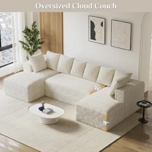 Miniatura 6 de Sofás seccionales en forma de U de gran tamaño de 131 pulgadas para sala de estar, cómodo sofá modular de pana esponjosa beige sin hueso, sofá