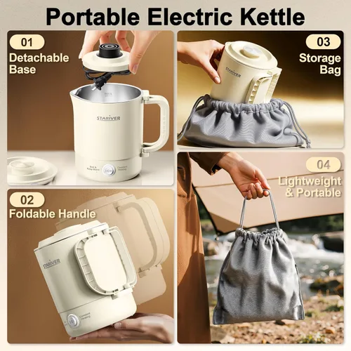 Miniatura 4 de Stariver Hervidor Eléctrico Portátil de Viaje, Hervidor Eléctrico Pequeño de 600ML con Asa Plegable, Hervidor de Agua Colapsable de Acero Inoxidable