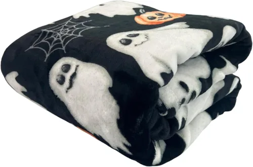 Miniatura 5 de Manta de Halloween: Jack O Lantern, calabazas, fantasmas blancos y telarañas en suave forro polar de terciopelo negro para sofá, sillas y cama Ghost