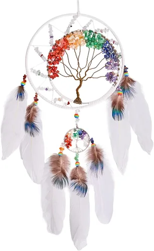 Miniatura 16 de Árbol de la vida negro de 7 chakras, decoración de pared con piedra de cristal curativo arco iris, hecho a mano, plumas, atrapasueños, adorno