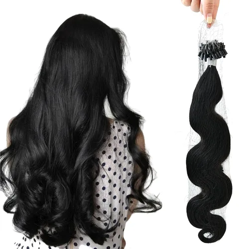 Miniatura 11 de Extensiones de cabello humano microlink de 16 pulgadas, extensiones de cabello natural suave de microcuentas, color #1 negro azabache, 100% cabello