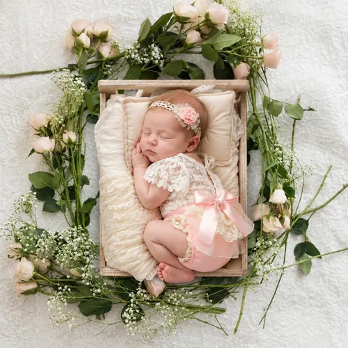 Miniatura 2 de ForBaysy Accesorios de Fotografía para Recién Nacidos Conjunto de Niña Mameluco de Encaje a Juego con Linda Diadema de Flores Vestido para Recién