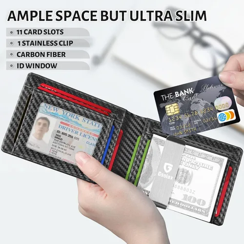Miniatura 3 de GSOIAX Billetera delgada para hombre con bloqueo RFID, carteras plegables para hombres, minimalista, de piel auténtica, fibra de carbono, tarjetero