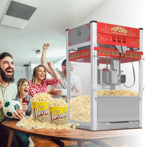 Miniatura 8 de Máquina comercial de palomitas de maíz con carrito y ruedas, máquina para hacer palomitas de maíz con hervidor de acero inoxidable de 22 onzas, Rojo