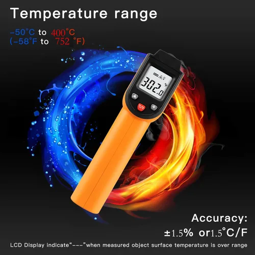 Miniatura 4 de Termómetro infrarrojo láser sin contacto, pistola de temperatura digital, -50 °C a 400 °C (-58 °F a 752 °F), termómetro IR para industrial, cocina
