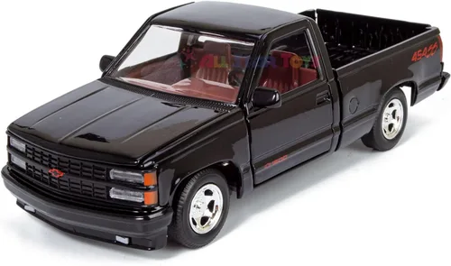 Miniatura 2 de All Star Toys 1992 Chevy C1500 454SS Pickup Truck a escala 1/24, modelo de coche fundido en metal negro con interior rojo Silverado 454 SS Motormax