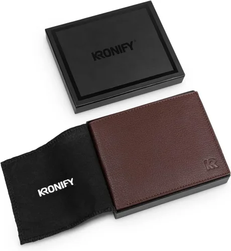 Miniatura 7 de KRONIFY Leather Wallet Men RFID Blocking Bifold & Trifold Genuine Leather 13 Card Slots Coin Pocket Gift Box Natural Dark Brown