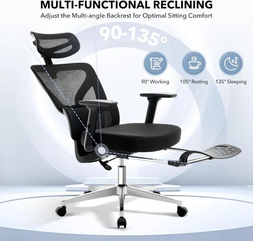 Miniatura 5 de Silla de oficina ergonómica de escritorio, silla de malla para el hogar con reposapiés ajustable, soporte lumbar, silla de juegos de computadora