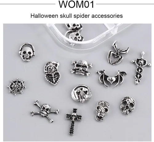 Miniatura 3 de 36 dijes de uñas de Halloween, 12 estilos, plata, forma de calavera, aleación, metal plateado antiguo, decoración de uñas