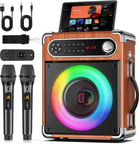 Miniatura 10 de JYX - Máquina de karaoke con dos micrófonos inalámbricos, altavoz Bluetooth portátil con ajuste de graves/agudos, sistema de PA con control remoto
