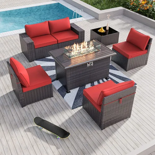 Miniatura 34 de Kullavik Juego de 13 muebles de patio al aire libre con mesa de fogata de gas propano de 43 pulgadas, 55000 BTU, mimbre de polietileno, sofá Arena