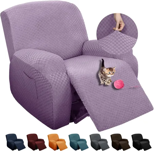 Miniatura 23 de YEMYHOM Funda elástica de 4 piezas para silla reclinable de jacquard con bolsillo lateral, antideslizante, ajustable, protector de muebles con parte
