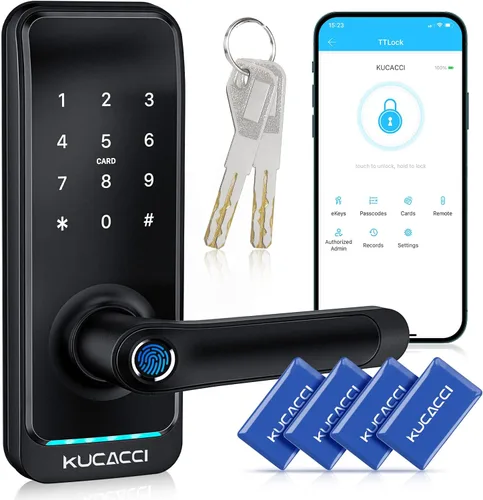 Cerradura inteligente de entrada sin llave con asa: cerradura de puerta inteligente Kucacci con teclado - Cerradura de huella digital con teclado -