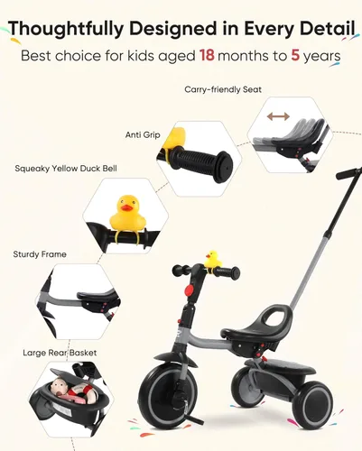 Miniatura 4 de RIDYEE Triciclo para niños pequeños de 18 meses a 5 años con mango de empuje extraíble, triciclos para niños de 3 a 5 años, ideal para familias