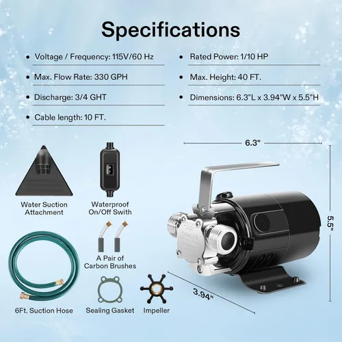 Miniatura 2 de VIVOSUN Bomba de Transferencia de Agua de 115V, Bomba Eléctrica Portátil de Utilidad de 1/10HP 330 GPH con Interruptor de Encendido/Apagado y Kit