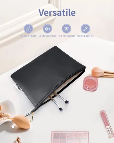 Miniatura 5 de Narwey Bolsa de Maquillaje Grande para Bolso de Cuero Vegano de Viaje Bolsa de Cosméticos con Cremallera para Mujeres, A-Negro