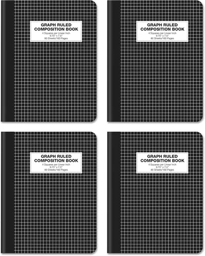 Better Office Products Cuaderno de composición a rayas cuádruples, paquete de 4, papel cuadriculado de tapa dura de 4 x 4, 80 hojas, 9.75 x 7.5